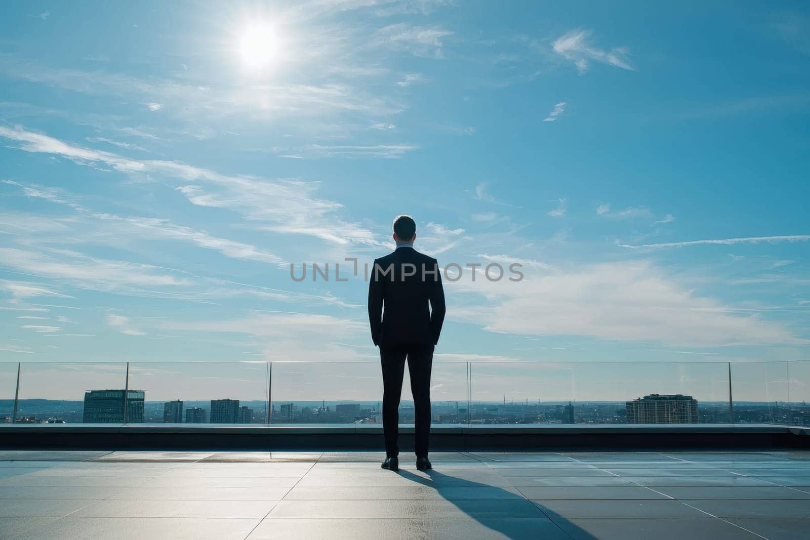 A solitary executive stands confidently at the edge of a high rise, gazing over the city skyline under a bright blue sky, symbolizing ambition and inspiration.
