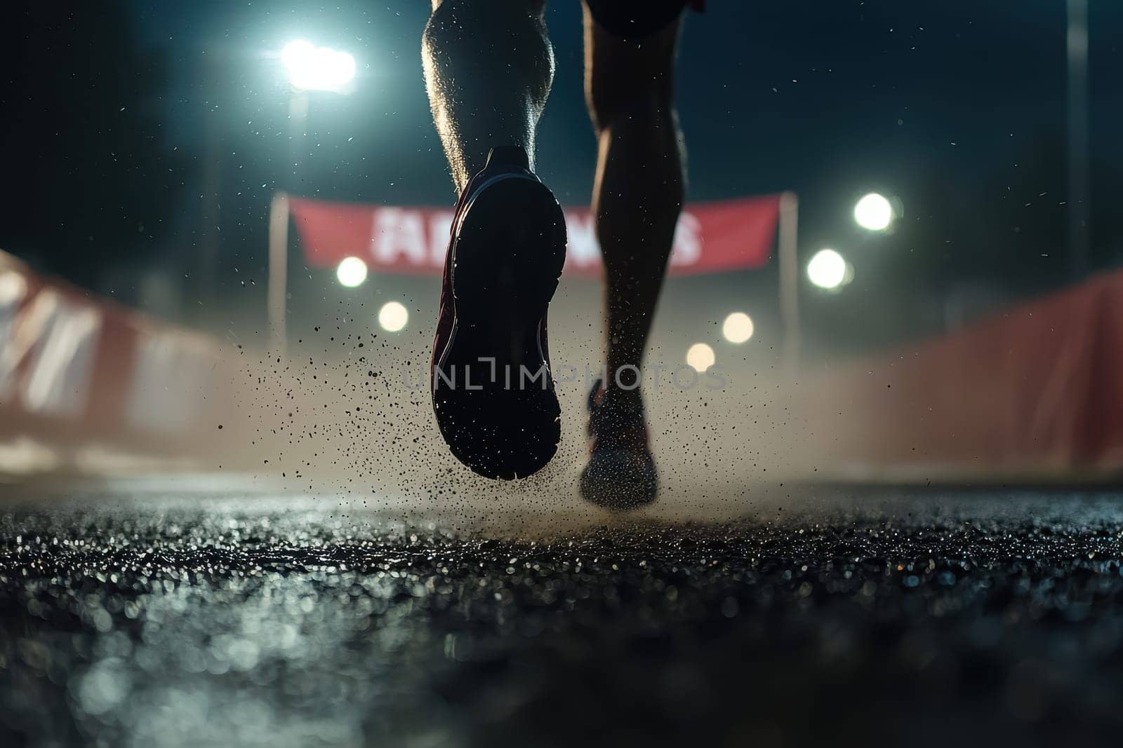 A dramatic close-up of a runner's feet hitting the pavement during an evening race, capturing the energy and grit of the event on a vibrant urban backdrop.