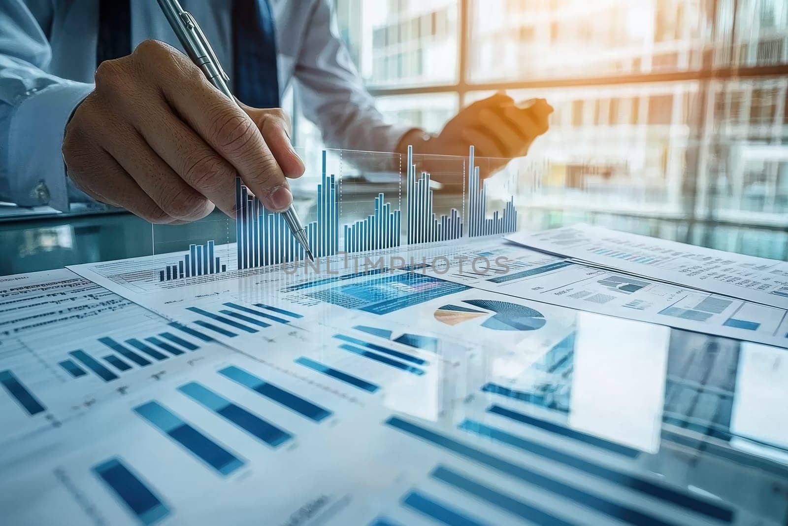 A focused meeting with investors in a modern glass walled room, discussing strategies while analyzing data visualizations and financial reports.