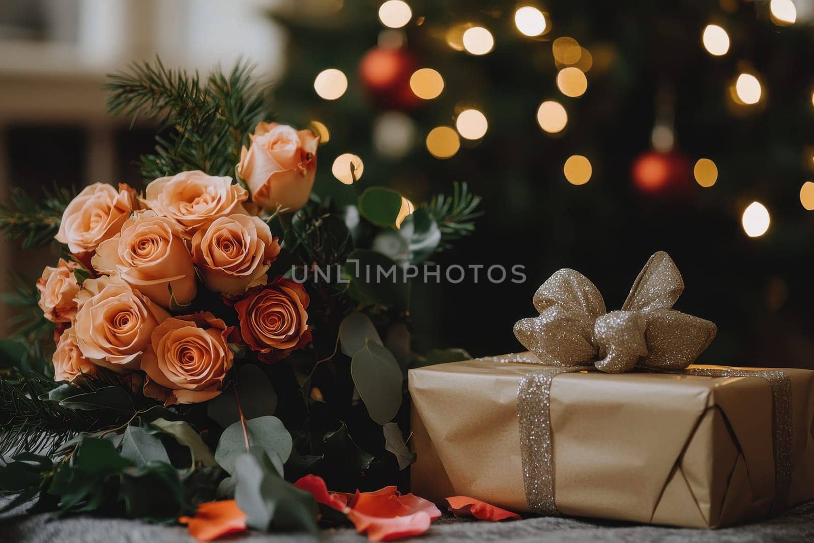 A romantic bouquet of pink roses placed beside a beautifully wrapped gift, set against a softly lit Christmas tree backdrop, creating a warm festive atmosphere.