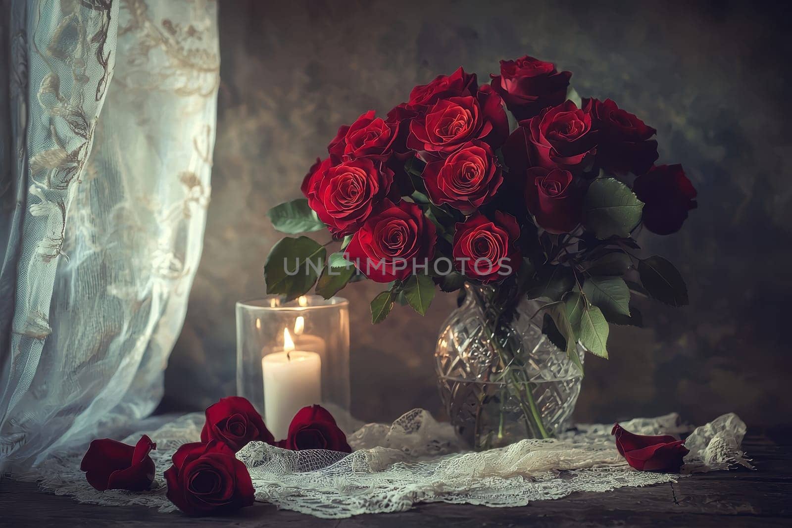 A captivating vintage still life featuring a bouquet of deep red roses in a glass vase. A candle softly glows beside the flowers, creating a warm and romantic atmosphere against a delicate lace background.