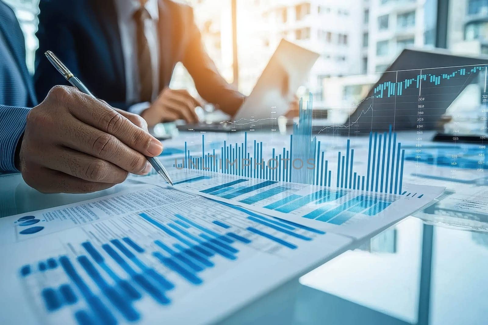 A professional team of investors engages in a business meeting inside a glass walled room, reviewing reports and financial charts. The environment is modern and collaborative, enhancing focus on strategic planning.
