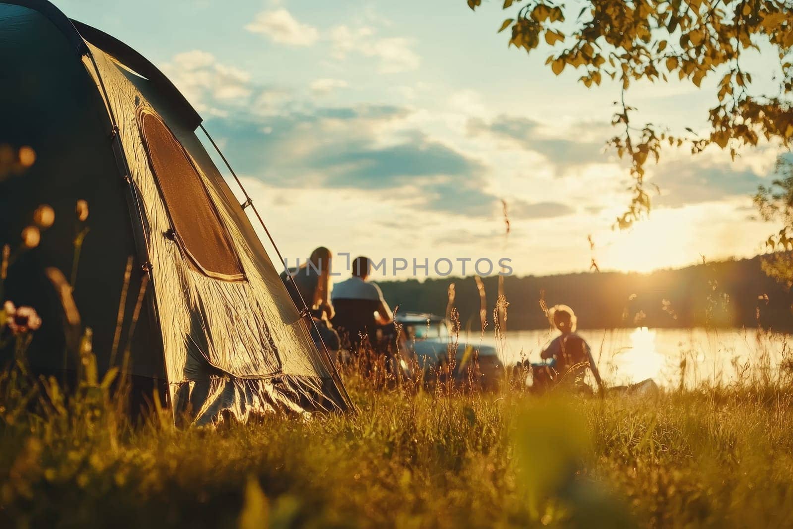 Enjoy a serene family camping trip by the lakeside during sunset, capturing the warm light and tranquil atmosphere amidst nature. Perfect for outdoor lovers.