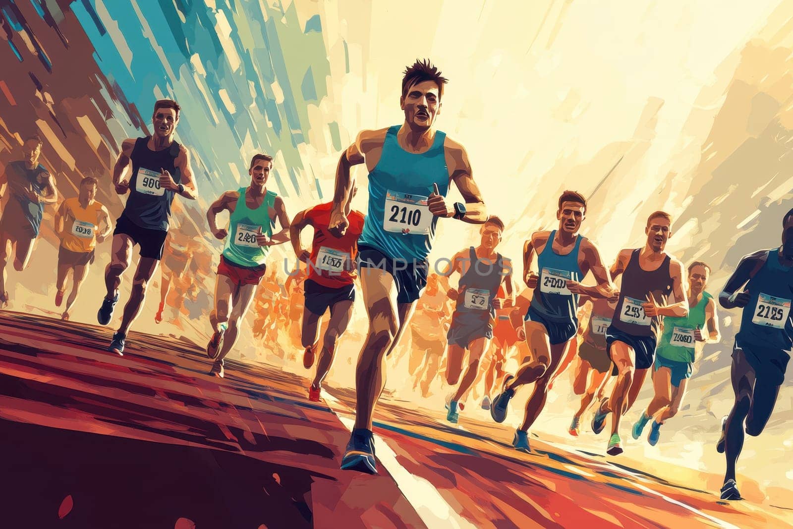A dynamic illustration showcasing a group of energetic runners racing towards the finish line in a marathon, highlighting their determination and competitive spirit.