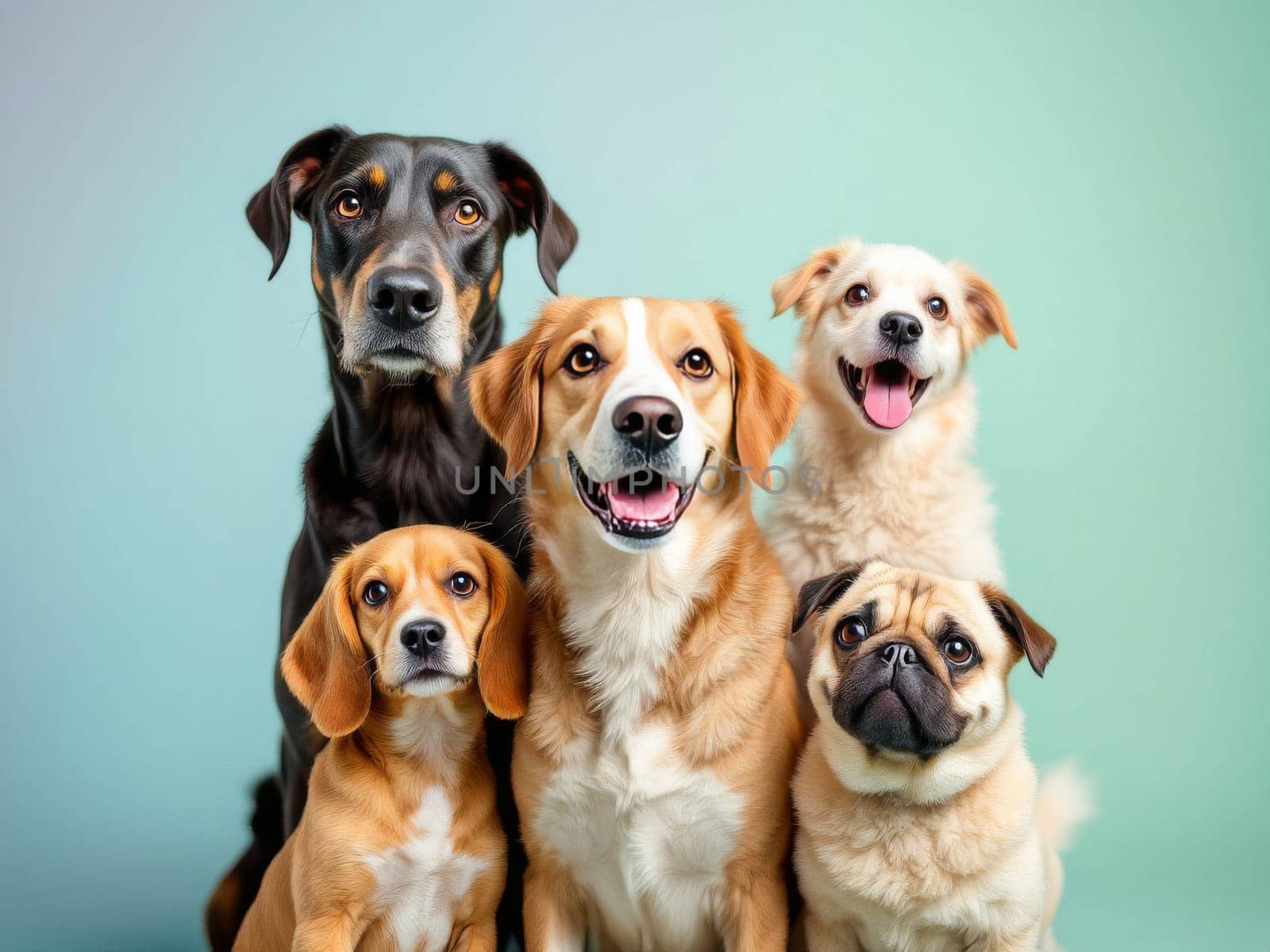 Studio shot of five dogs including beagle, pug and labrador posing together on light green background. Ai generated
