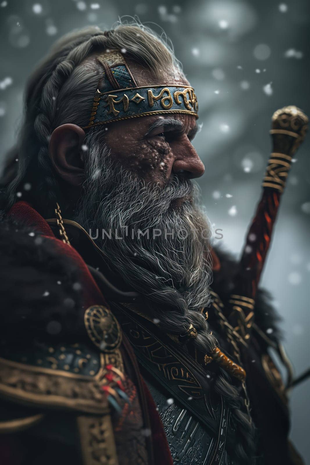 Close-up portrait of a northern Viking. Generative AI image