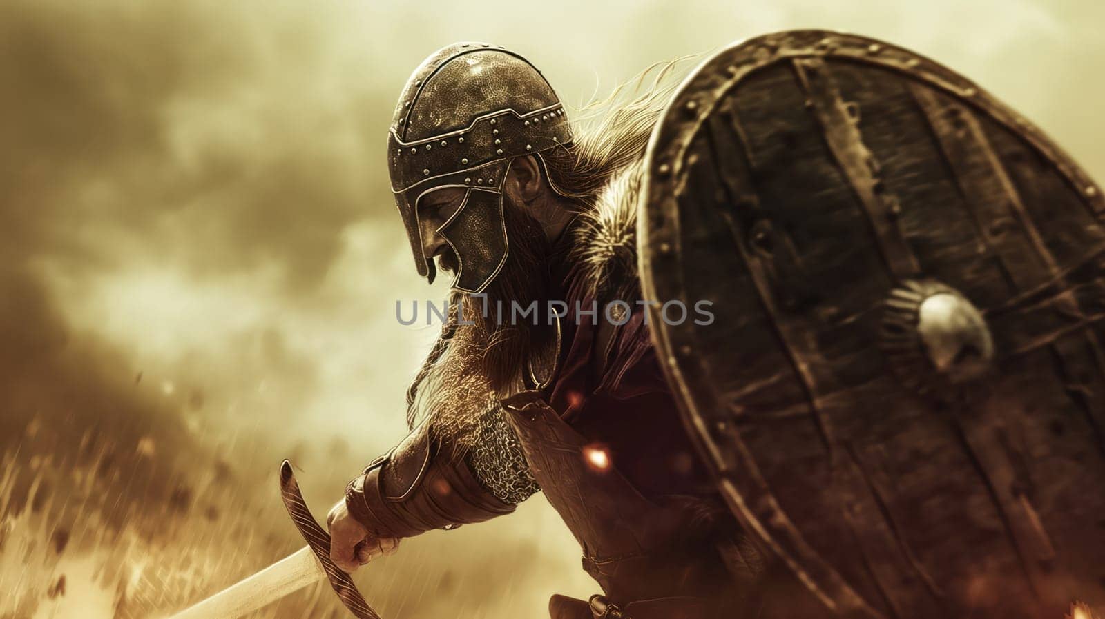 Ancient Viking warrior with a sword and shield. Generative AI image