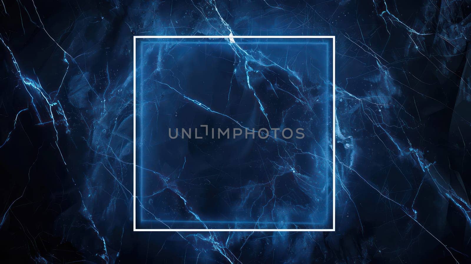 Blue grunge marble background and glowing neon square frame. Generative AI design