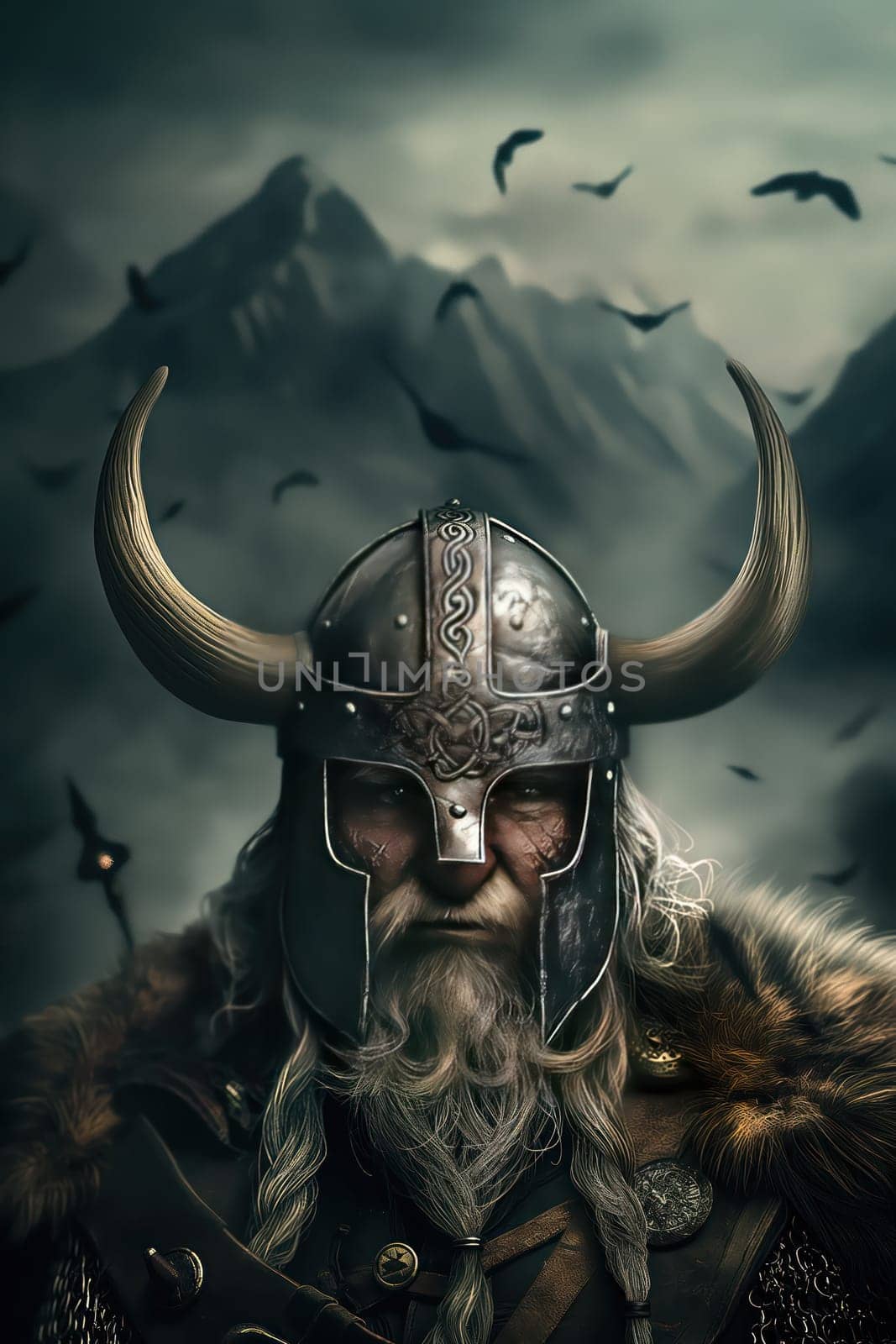 Close-up portrait of a northern Viking wearing a horned helmet. Generative AI image