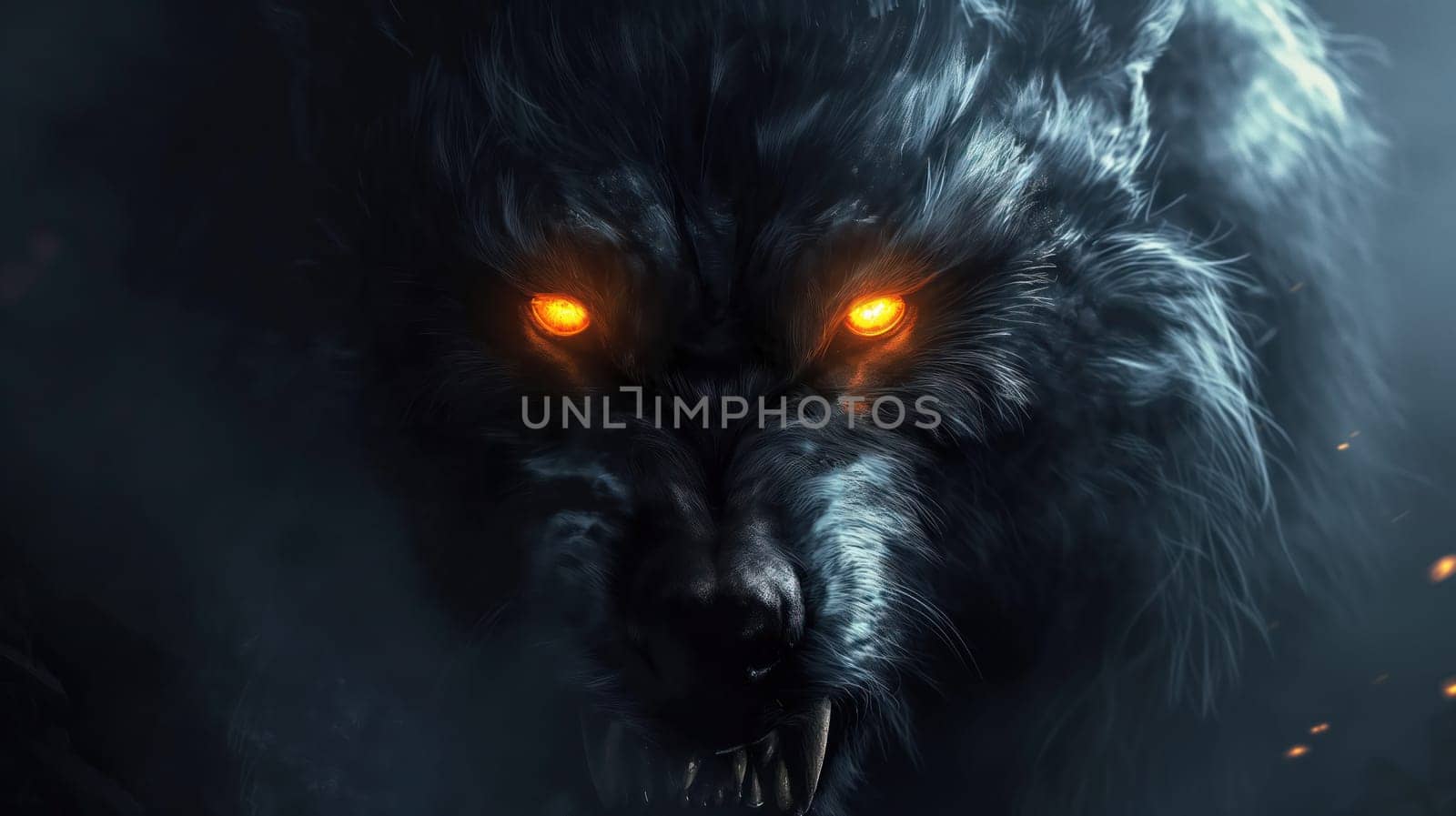 A grinning wolf with glowing eyes close-up. Generative AI image