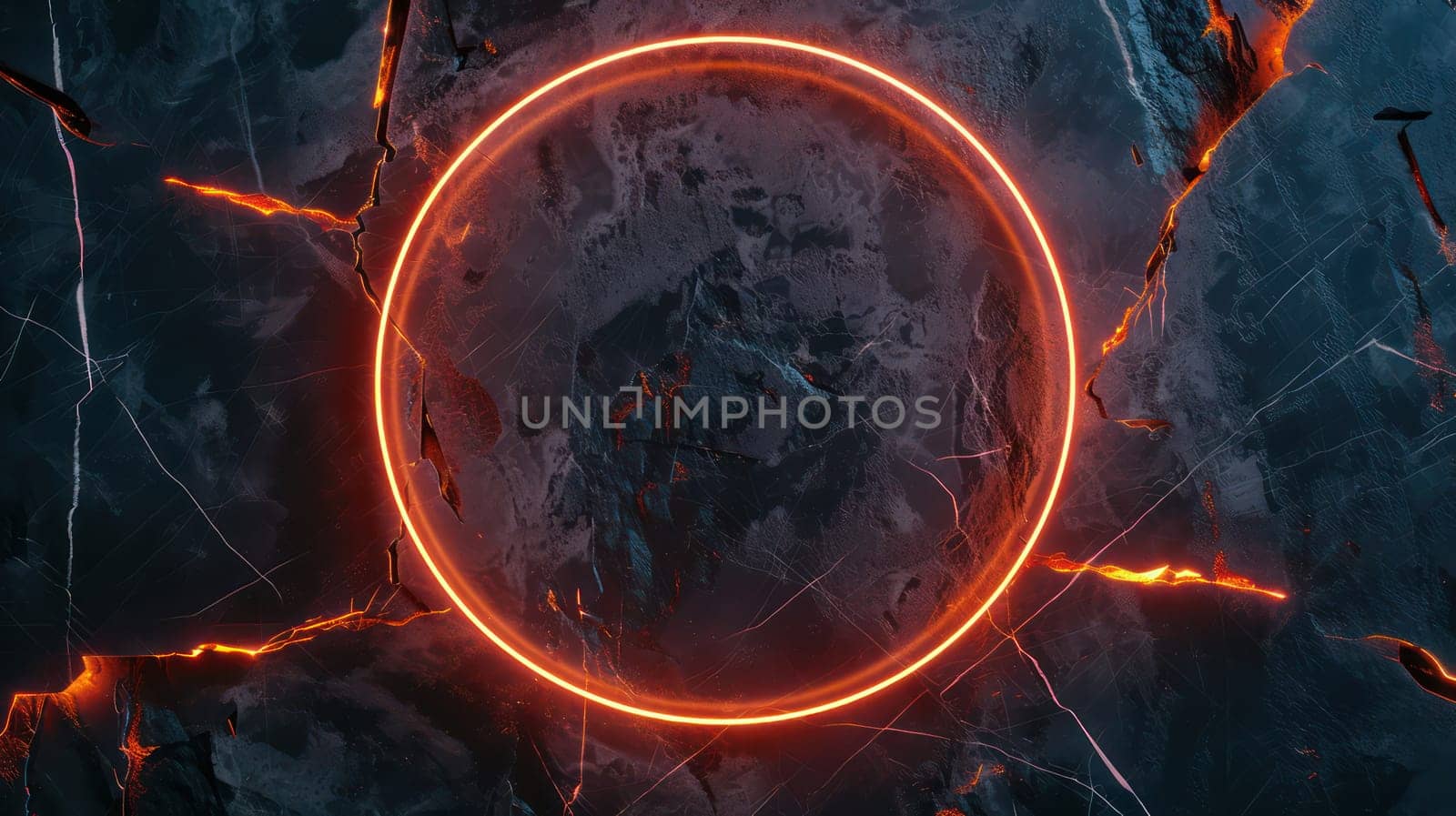 Dark grunge marble background and orange glowing neon circle frame. Generative AI design