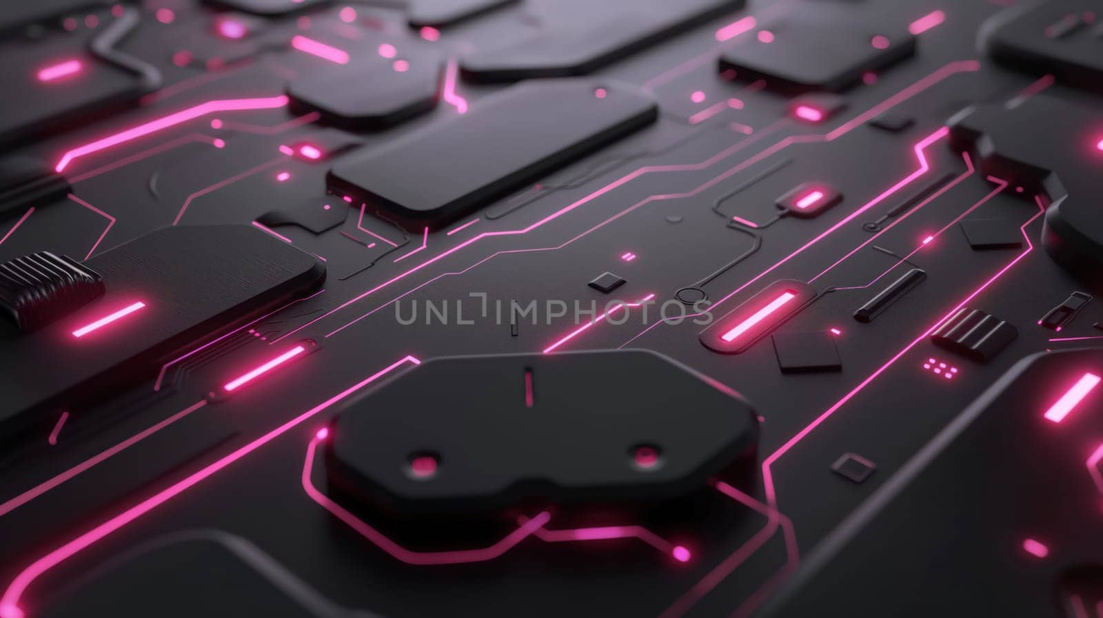 Black technology chip surface with purple neon lines abstract background. Generative AI design