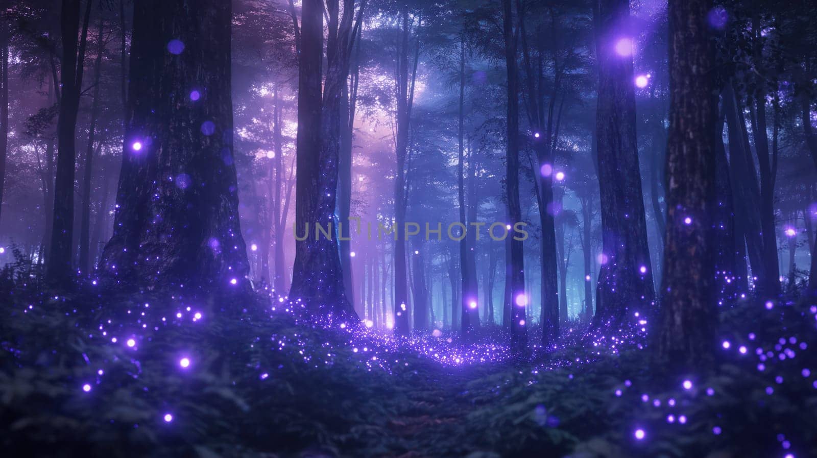 Shiny glowing magical fabulous forest with fireflies. Generative AI design