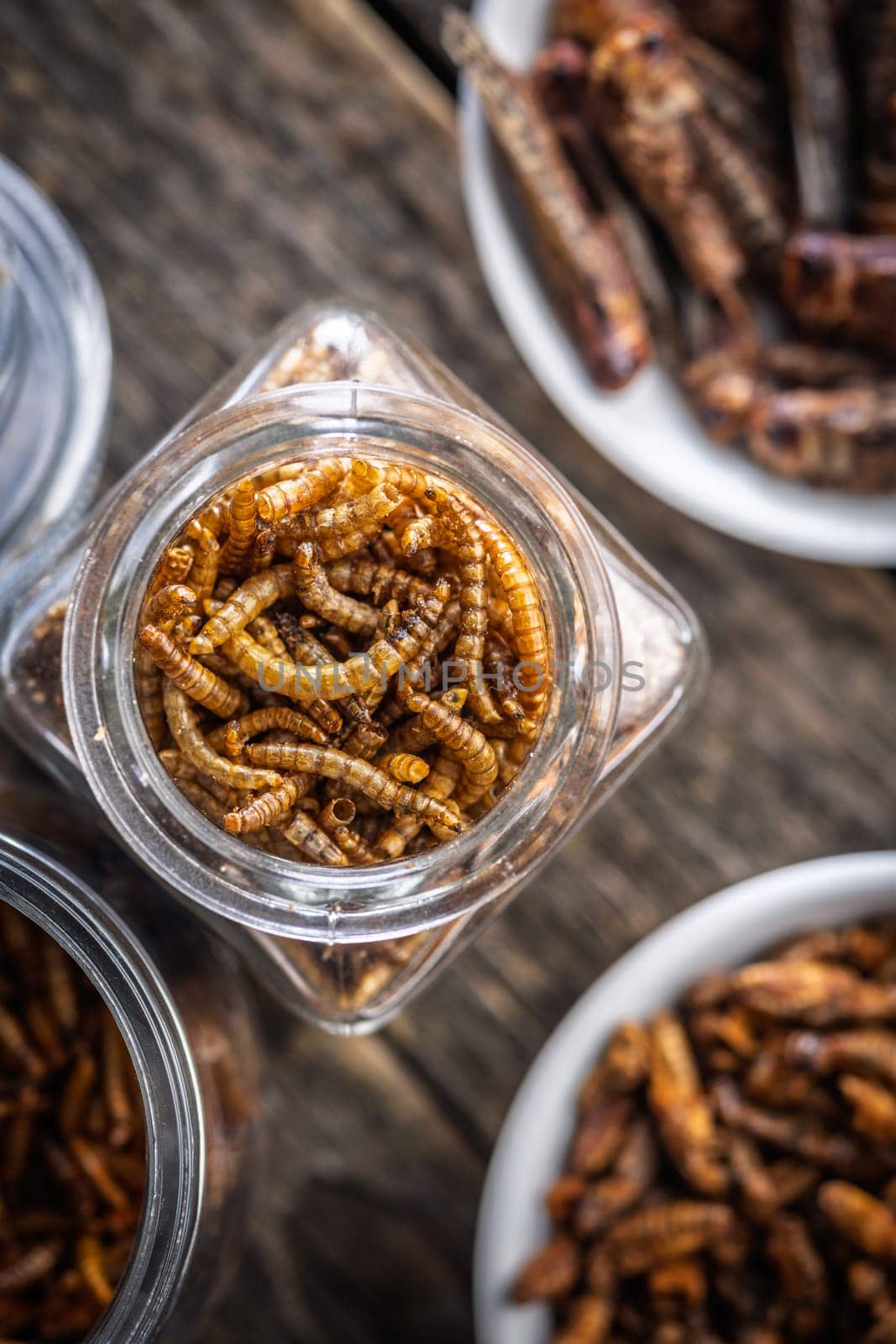Dried salted worms. Roasted mealworms in jar on a wooden table. Top view.