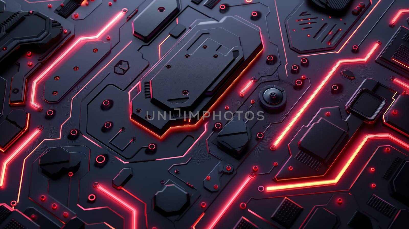 Black technology chip surface with purple neon lines abstract background. Generative AI design