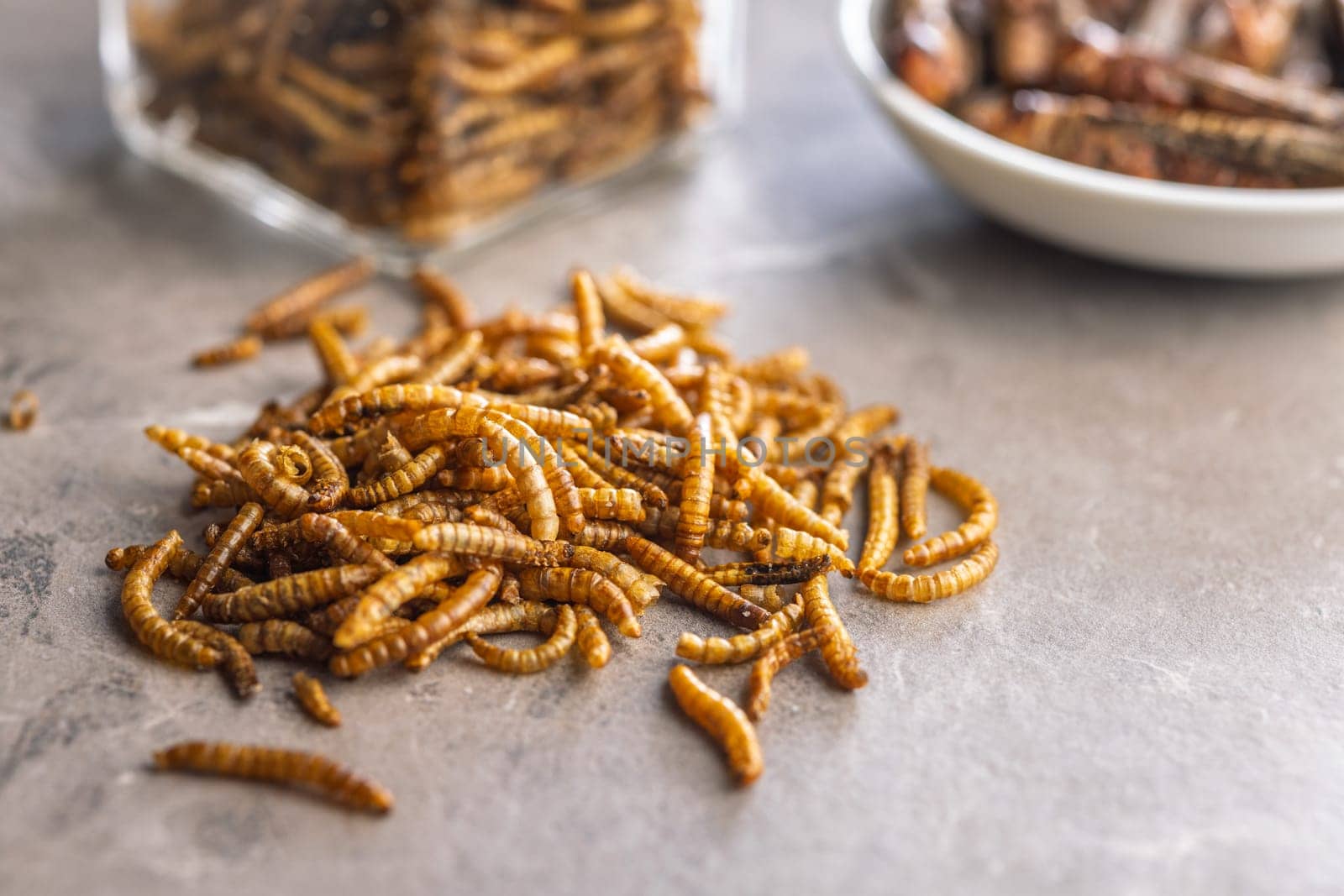 Dried salted worms. Roasted mealworms on a kitchen table.