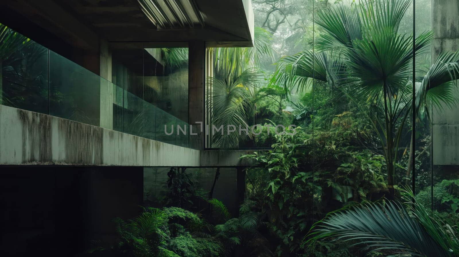 Tropical garden in courtyard of modern building. Generative AI image
