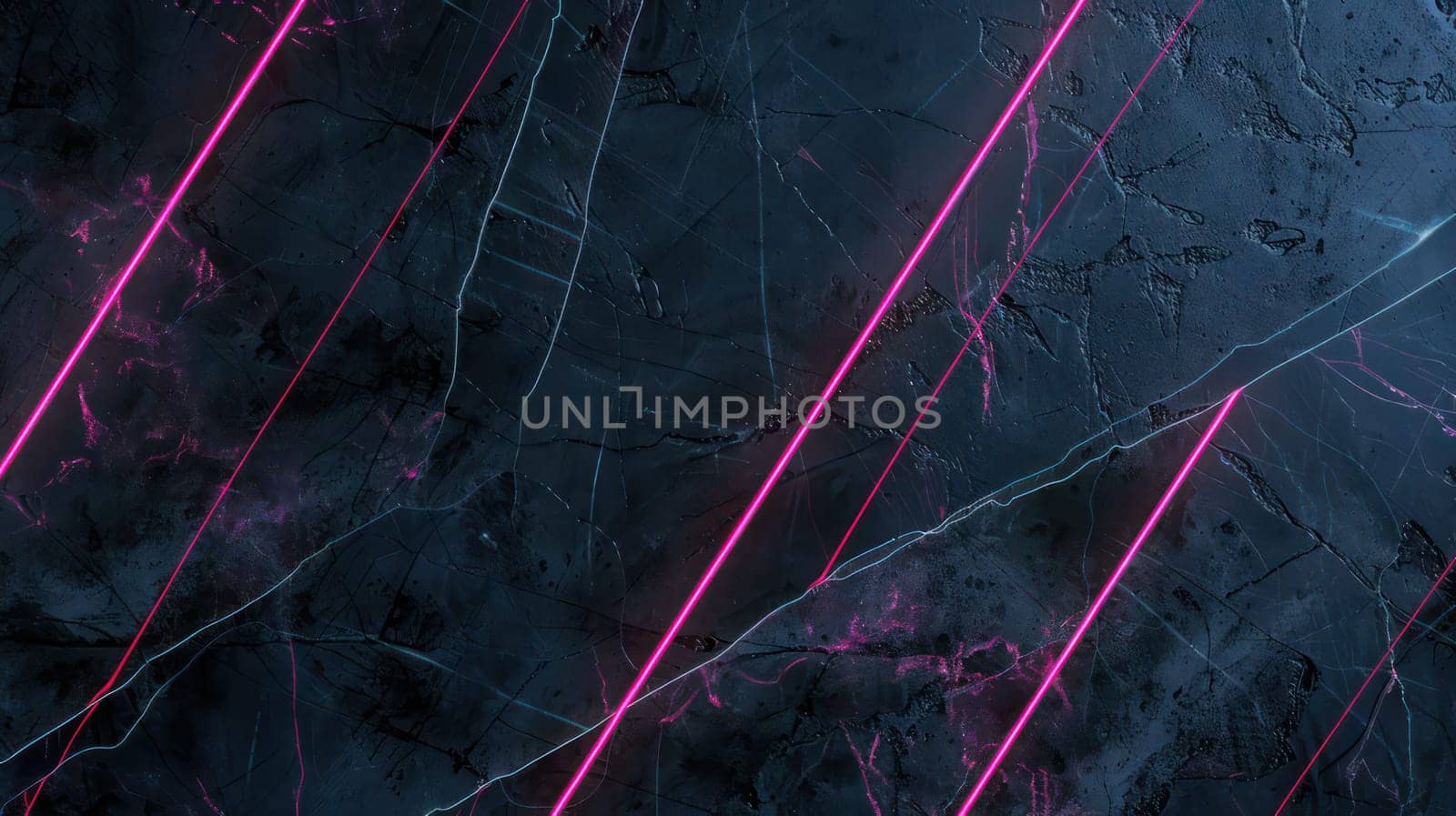Dark blue grunge marble texture and pink glowing neon lines background. Generative AI design