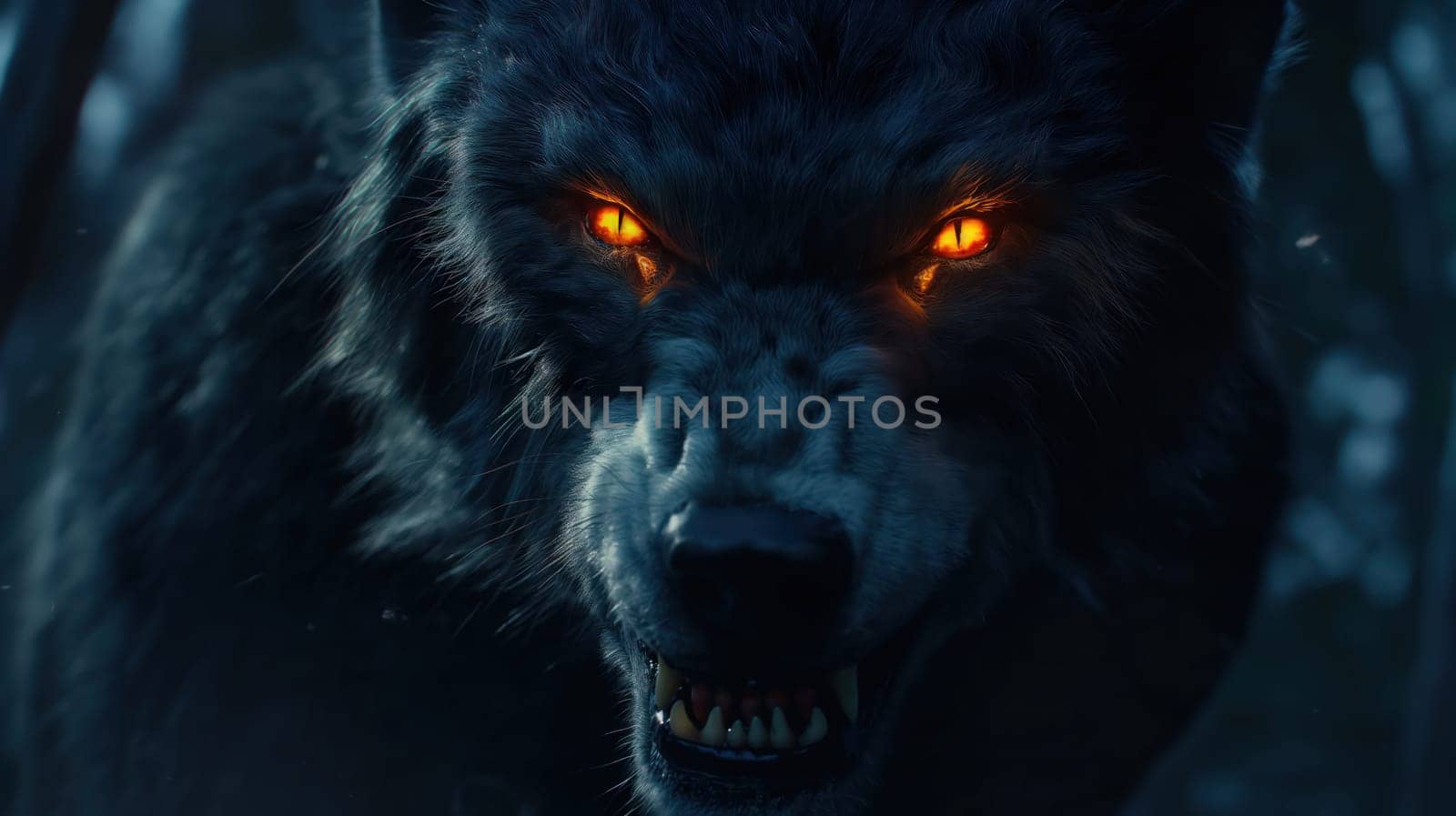A grinning wolf with glowing eyes close-up. Generative AI image