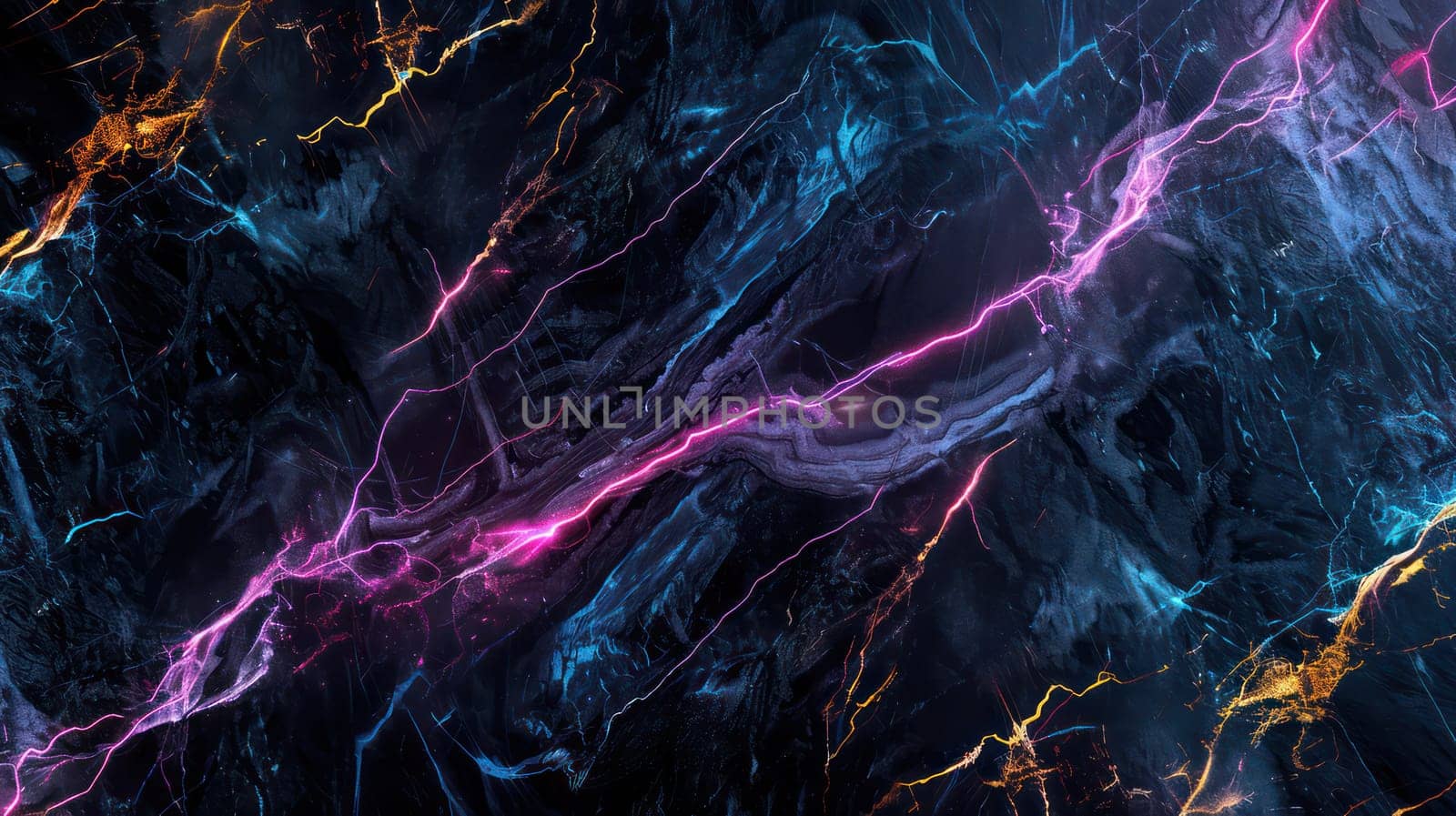 Dark grunge stone texture and glowing neon streaks abstract background. Generative AI design