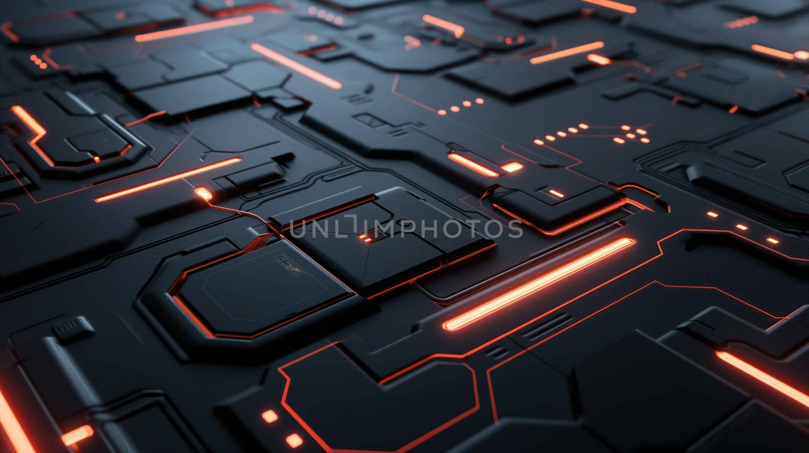 Black technology chip surface with orange neon lines abstract background. Generative AI design