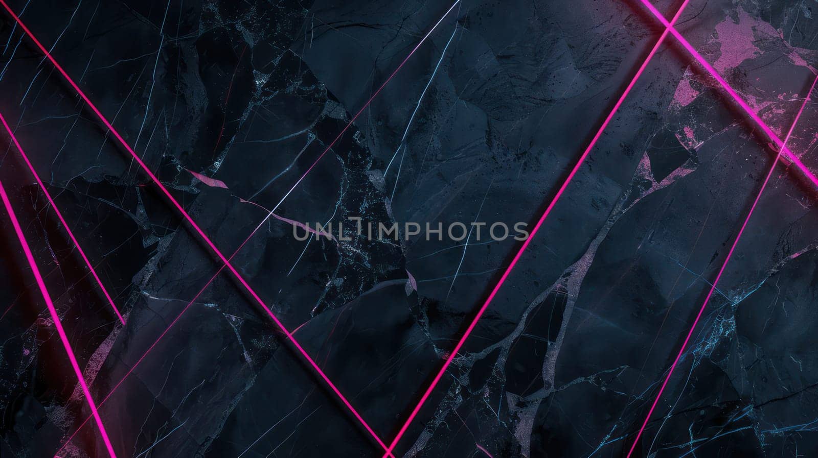 Dark blue grunge marble texture and pink glowing neon lines background. Generative AI design