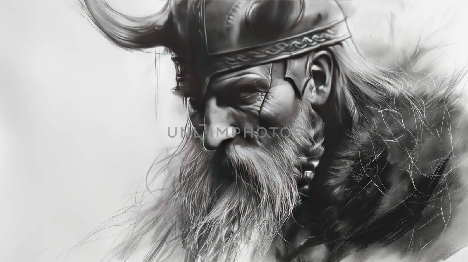 Close-up sketch portrait of a northern Viking. Generative AI drawing