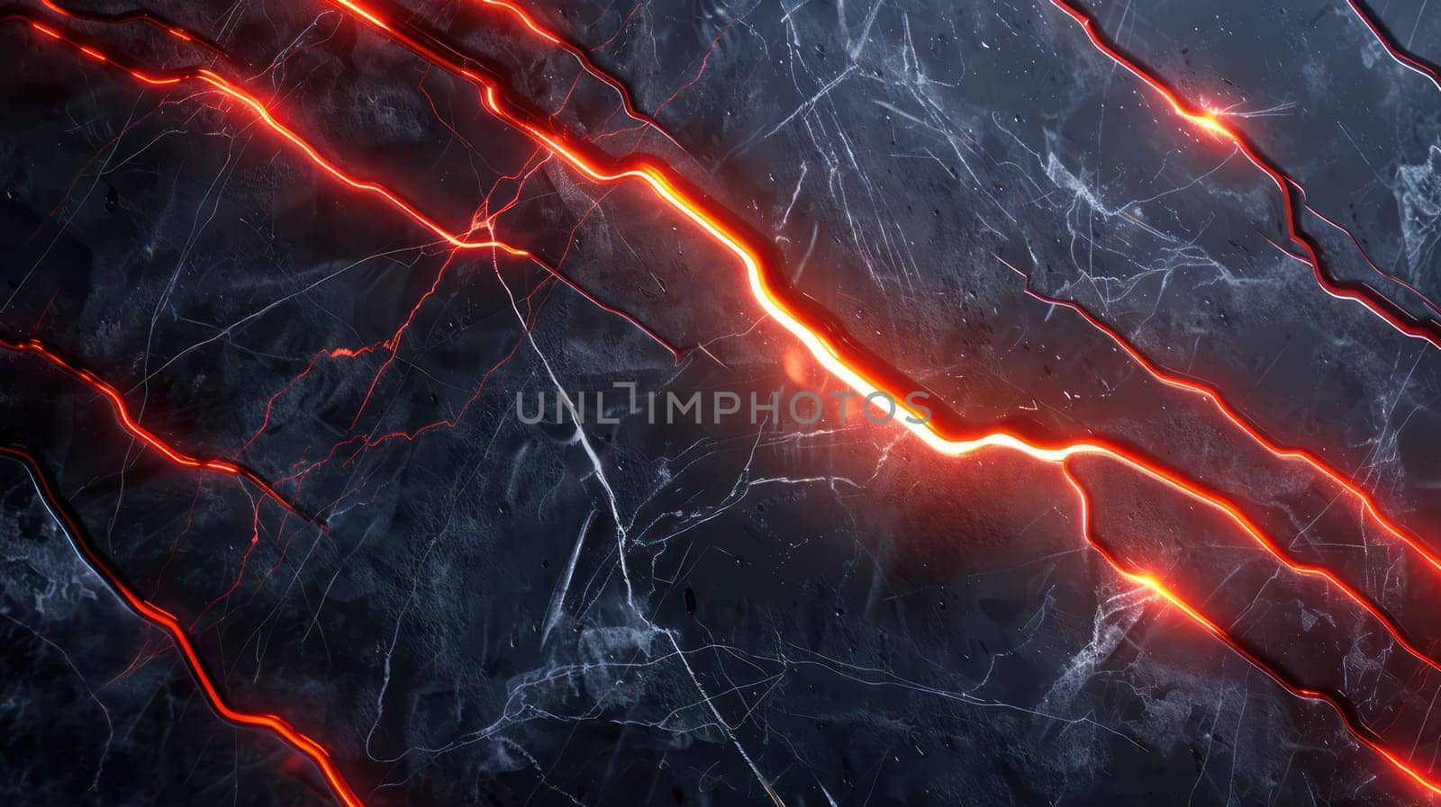 Dark grunge marble texture and orange glowing neon streaks abstract background. Generative AI design