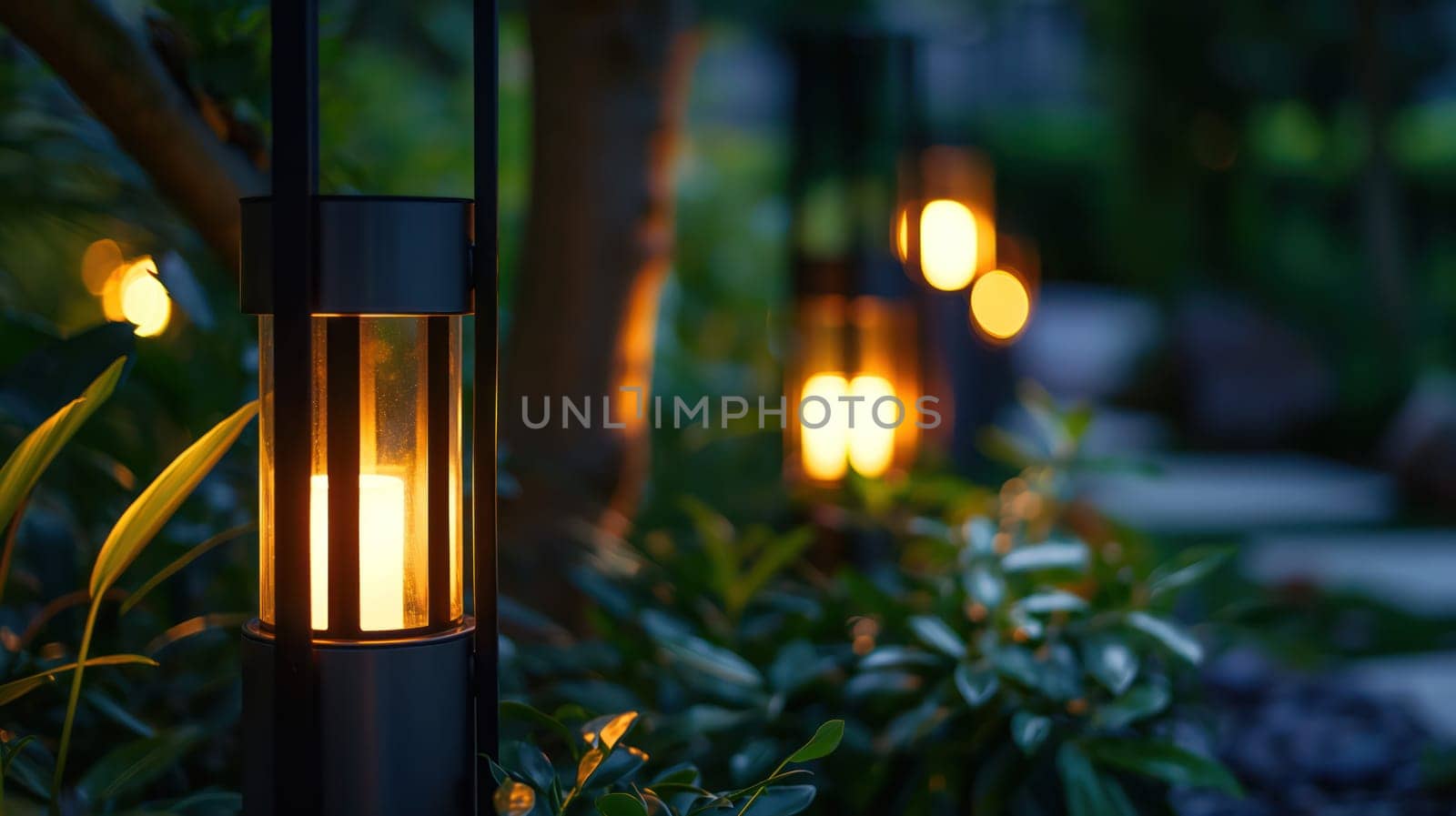 Lantern lamp with warm light in garden at night. Generative AI image