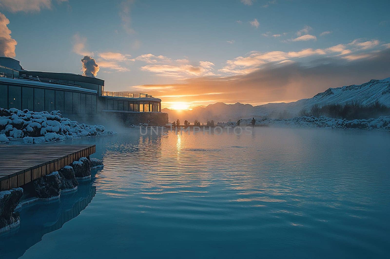 Hot springs and hotel after sunset with heavy steam over the water. Wooden lodges of the hotel with geothermal springs. Healthy holiday