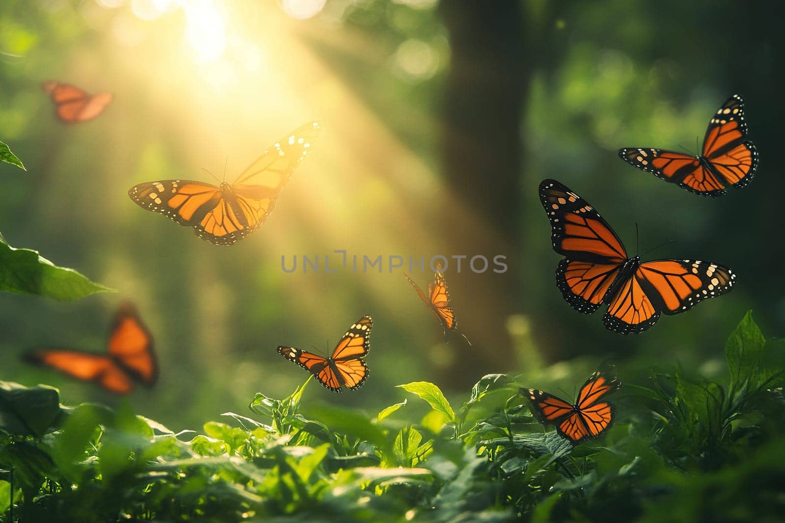 Beautiful butterflies flutter over the greenery of nature in the rays of the sun.