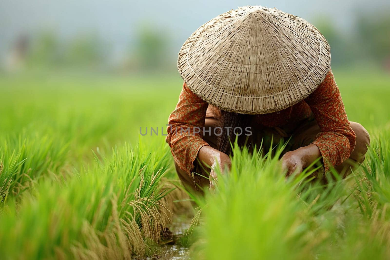 An elderly Asian female farmer harvesting rice in a field. A female farmer working in a rice field during harvest season