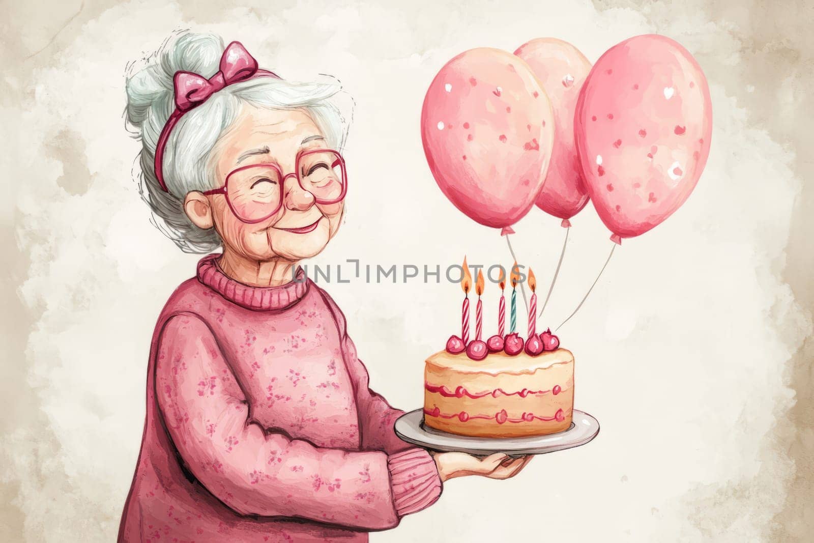 Gray-haired grandmother holding pink birthday cake and balloons