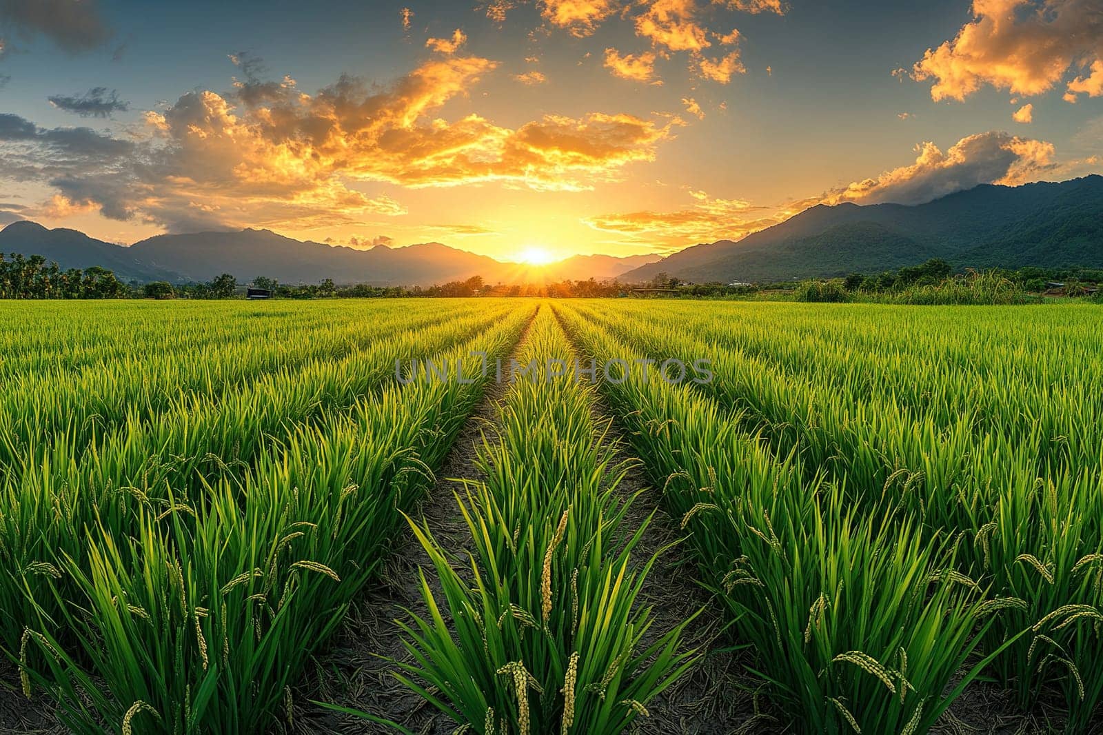 Landscape view of green rice field during sunrise. Sun rises over mountains in rice fields.