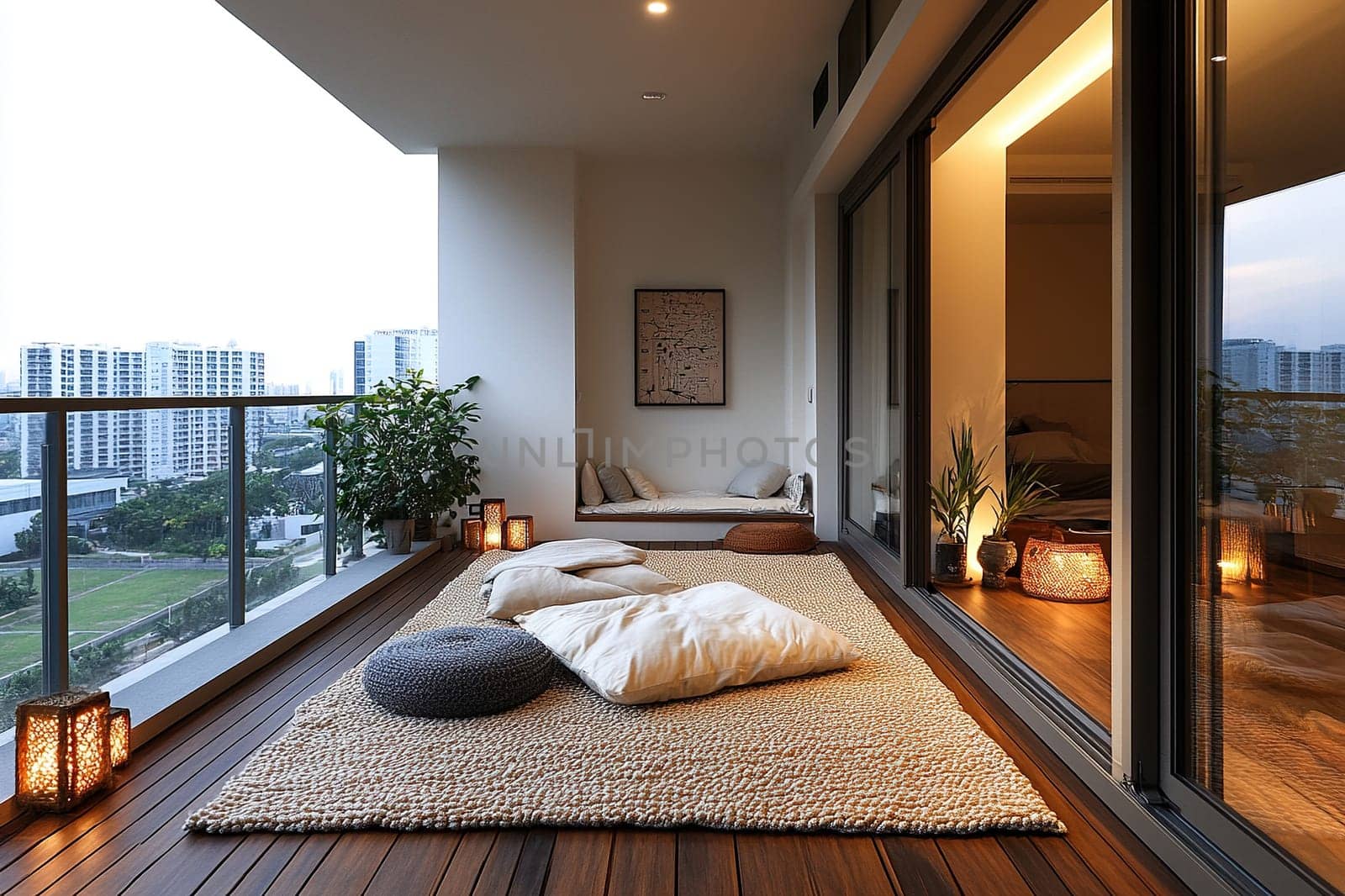 Terrace balcony in a multi-storey building with a recreation area and a view of the city landscape.