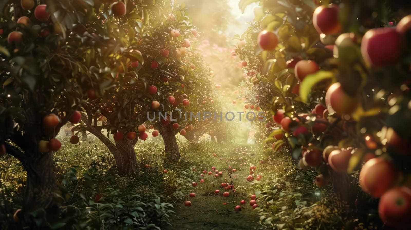 Red apples on trees in orchard in summer. Generative AI image