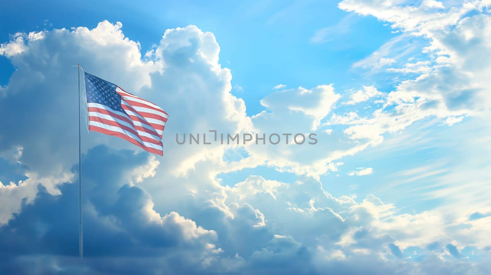 The USA flag on flagpole against the sunny cloudy sky. Generative AI image