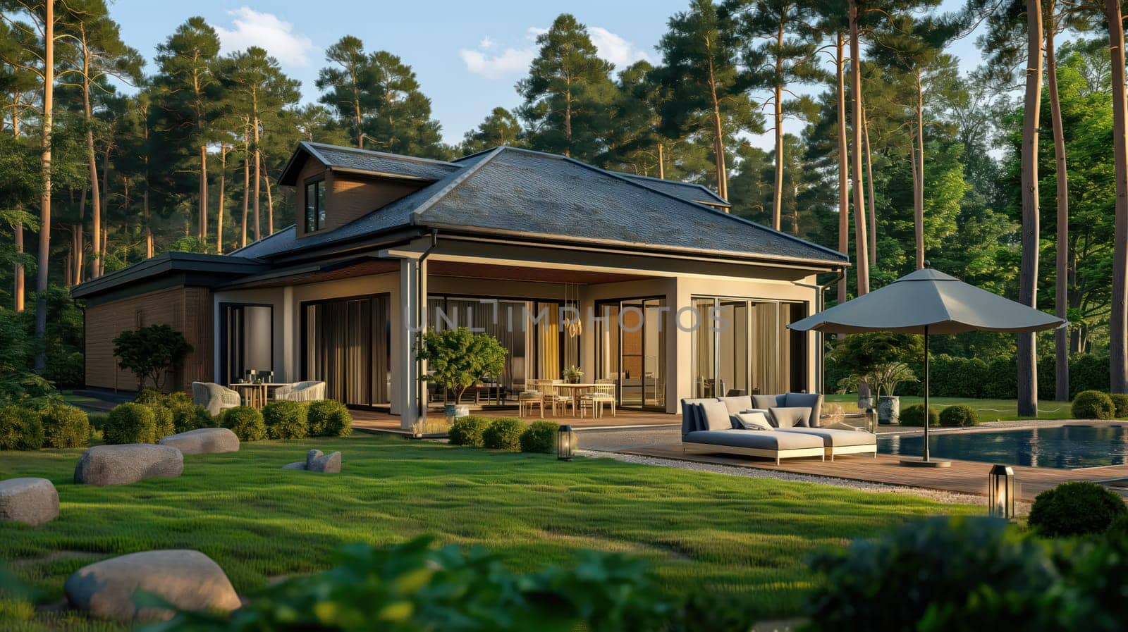 Wooden modern country house in the summer forest. Generative AI image