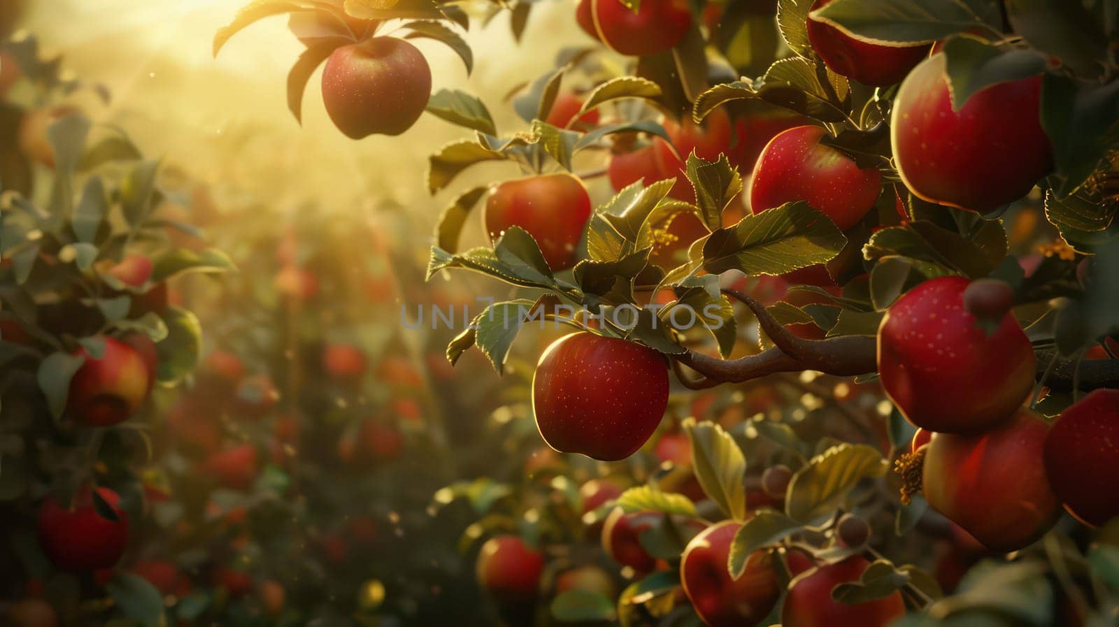 Red apples on trees in orchard in summer. Generative AI image