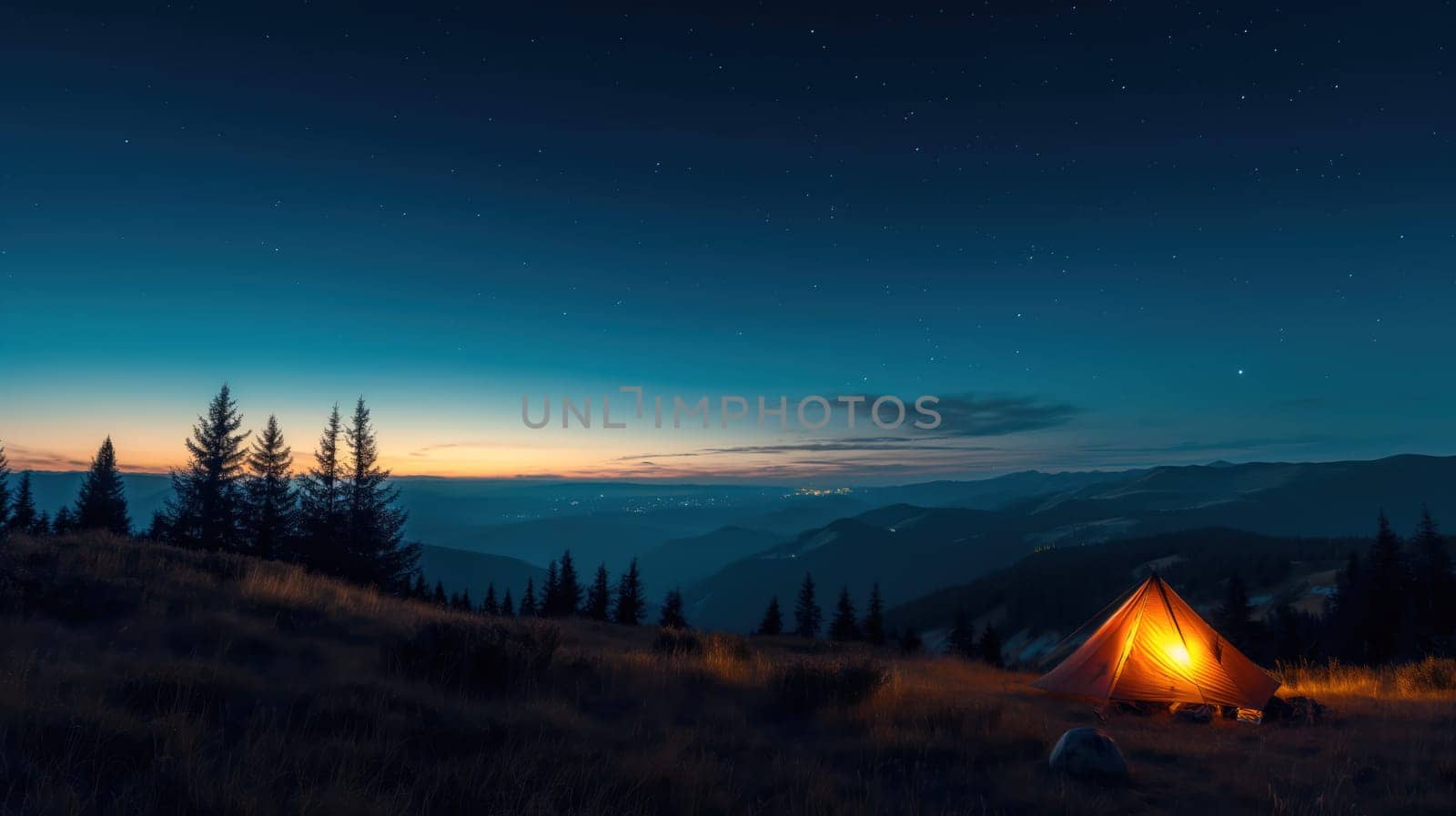 Night landscape with illuminated tent. Generative AI image