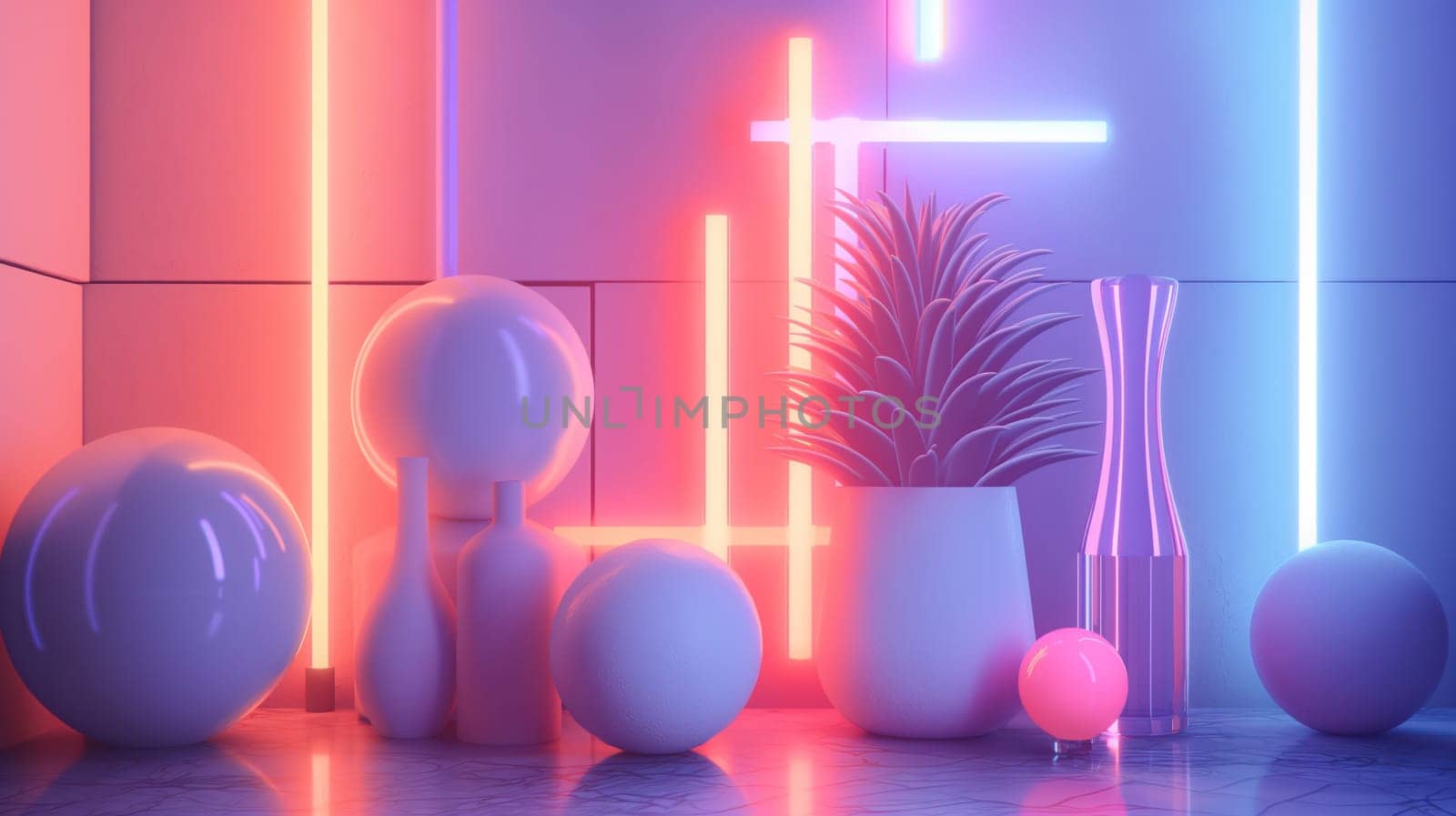 A collection of colored balls and vases are displayed on a table in a room with neon lights, creating an entertainment filled visual effect with shades of purple, orange, violet. Generative AI design