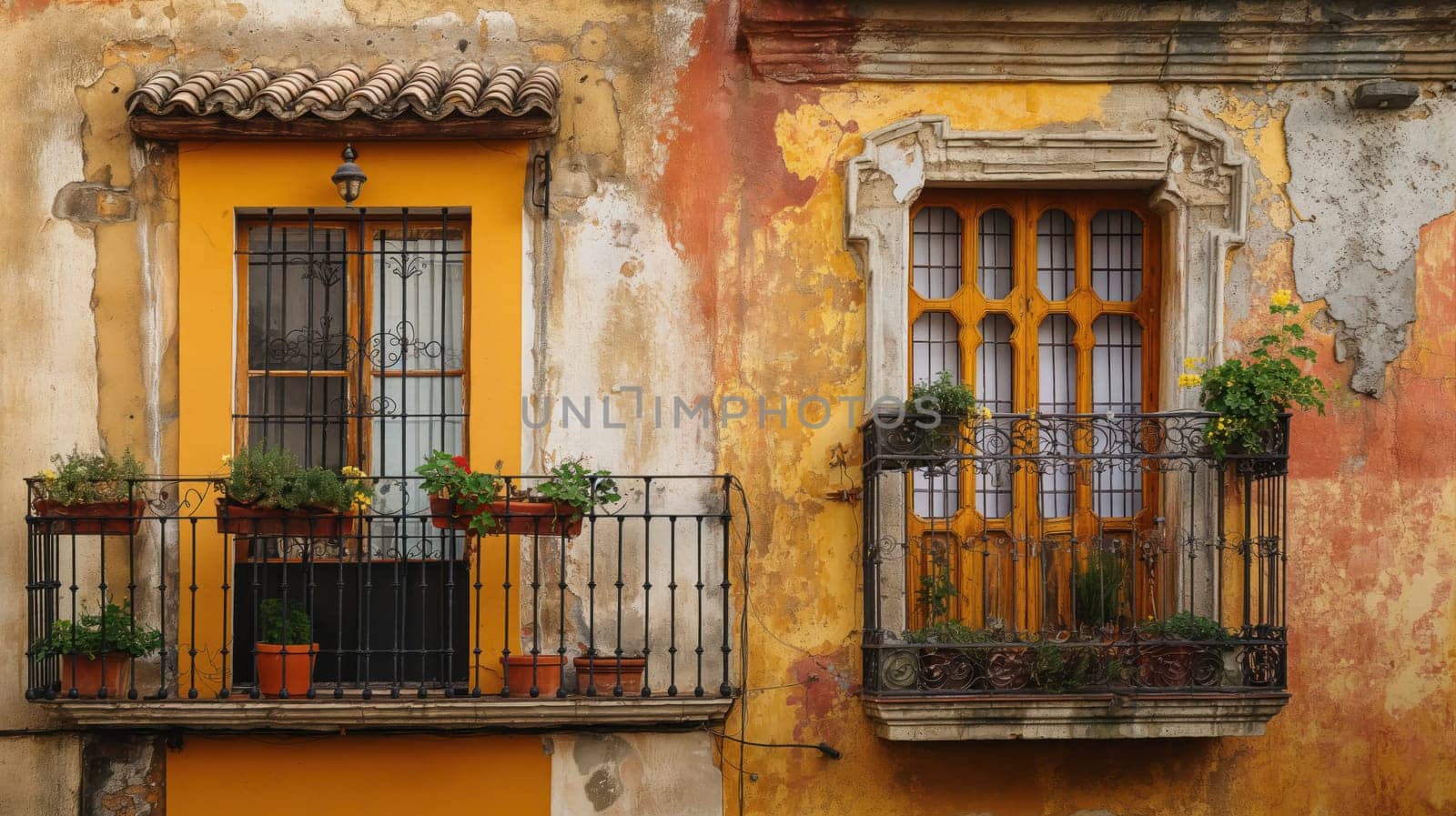 Frontal view of the openwork balconies of the Mediterranean old town. Generative AI image