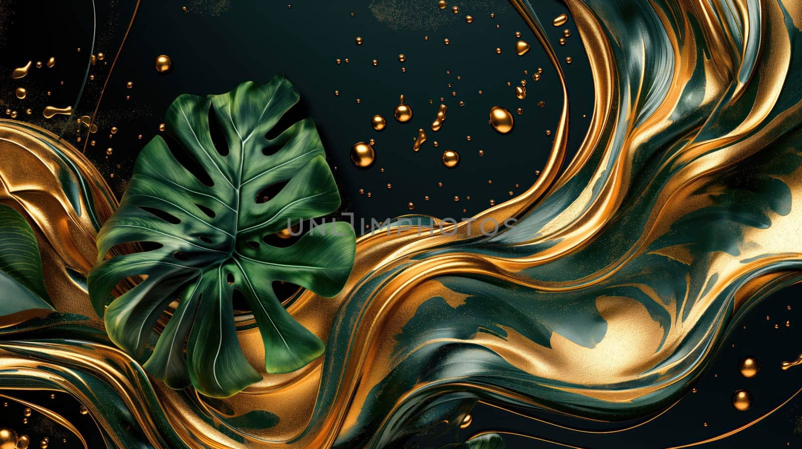 Golden liquid waves and monstera leaf abstract background. Generative AI design