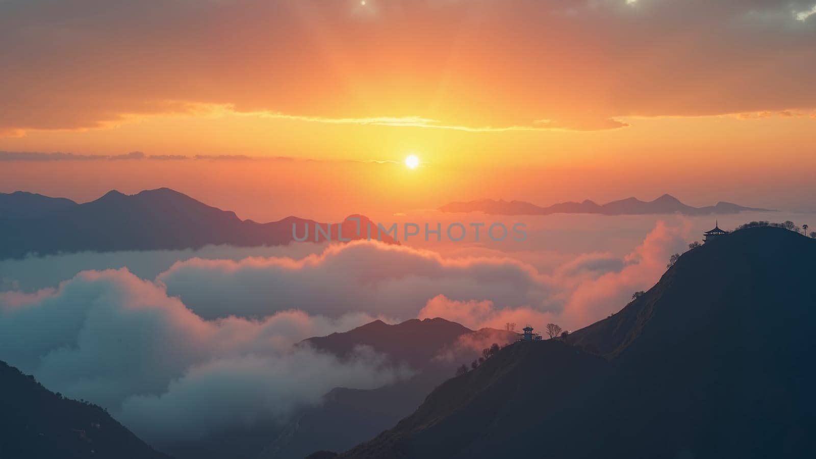 The sun is setting over a mountain range, casting a warm glow over the clouds. The sky is a mix of orange and pink hues, creating a serene and peaceful atmosphere