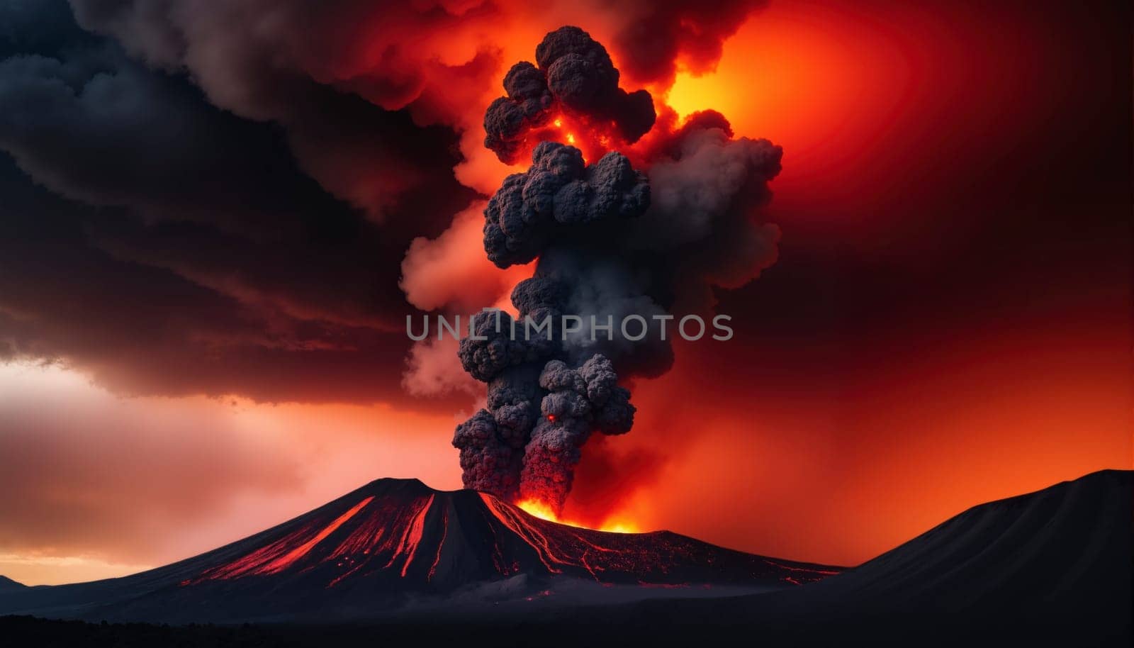 A volcano erupts with a huge plume of smoke and ash. The sky is dark and ominous, and the ground is covered in ash. The scene is intense and dramatic, with the volcano's power