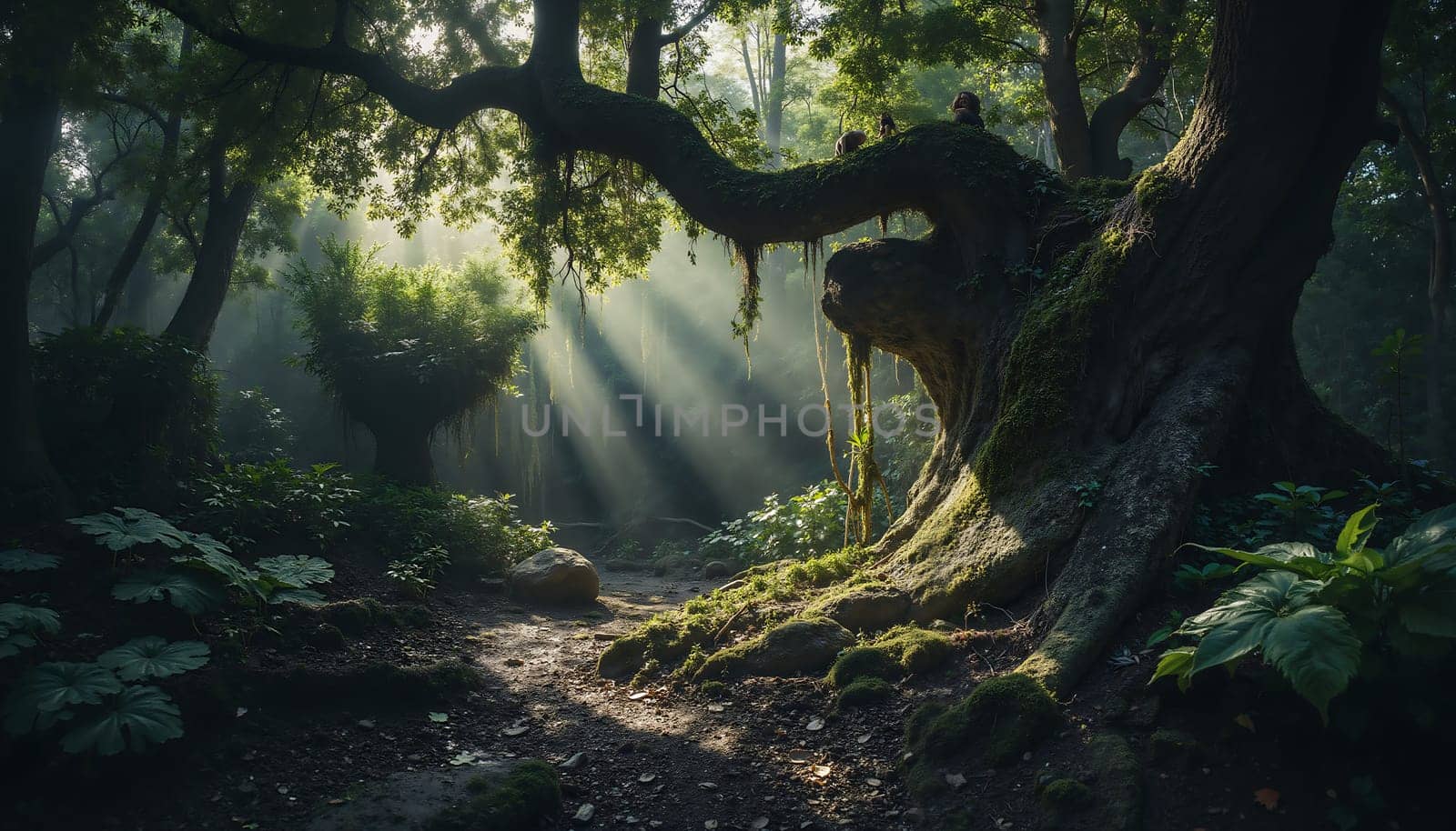A forest with a large tree in the middle. The tree is surrounded by moss and has a lot of leaves. The sunlight is shining through the leaves, creating a peaceful and serene atmosphere
