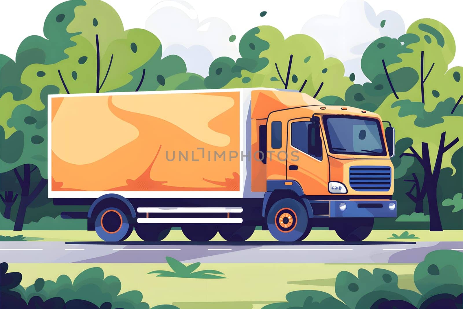 Orange delivery truck driving down a scenic road with trees and greenery.