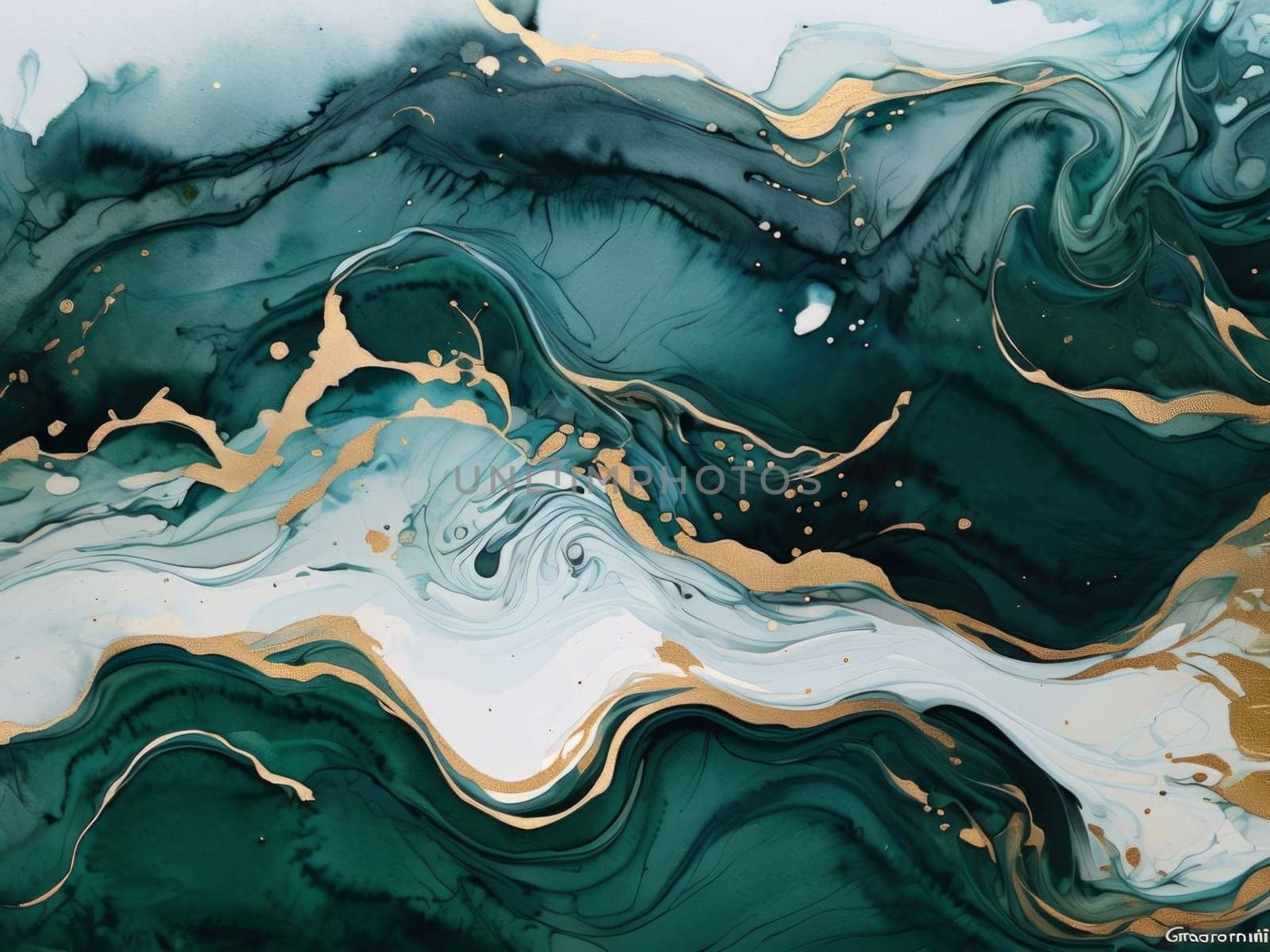 Eye-catching abstract design with fluid lines and radiant gold accents. Bold green tones blend harmoniously, evoking elegance and creativity, making it an ideal choice for contemporary art enthusiasts