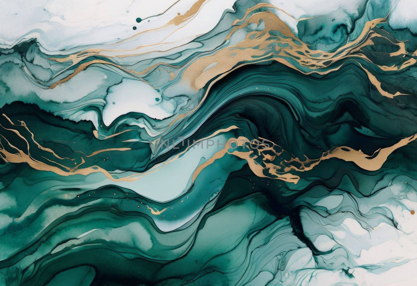 Vibrant abstract artwork showcasing fluid waves of deep teal and shimmering gold. Dynamic movement and rich textures create captivating visual experience, perfect for modern decor, artistic projects
