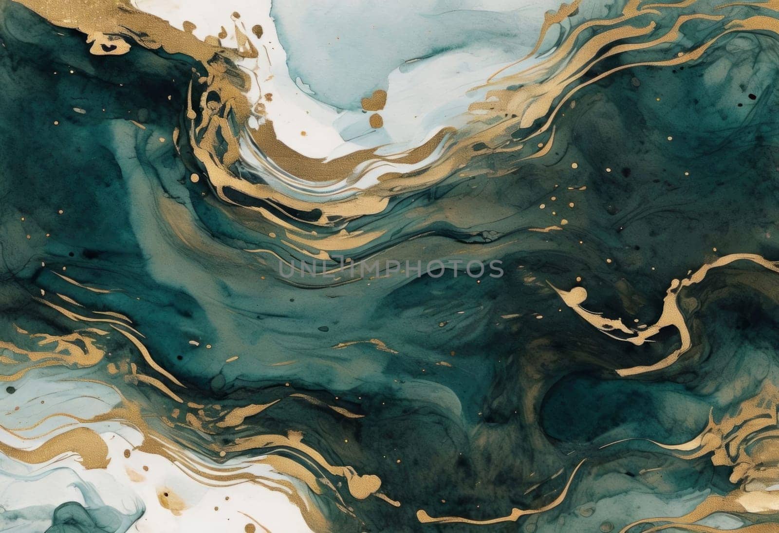 Vibrant abstract artwork showcasing fluid waves of deep teal and shimmering gold. Dynamic movement and rich textures create captivating visual experience, perfect for modern decor, artistic projects